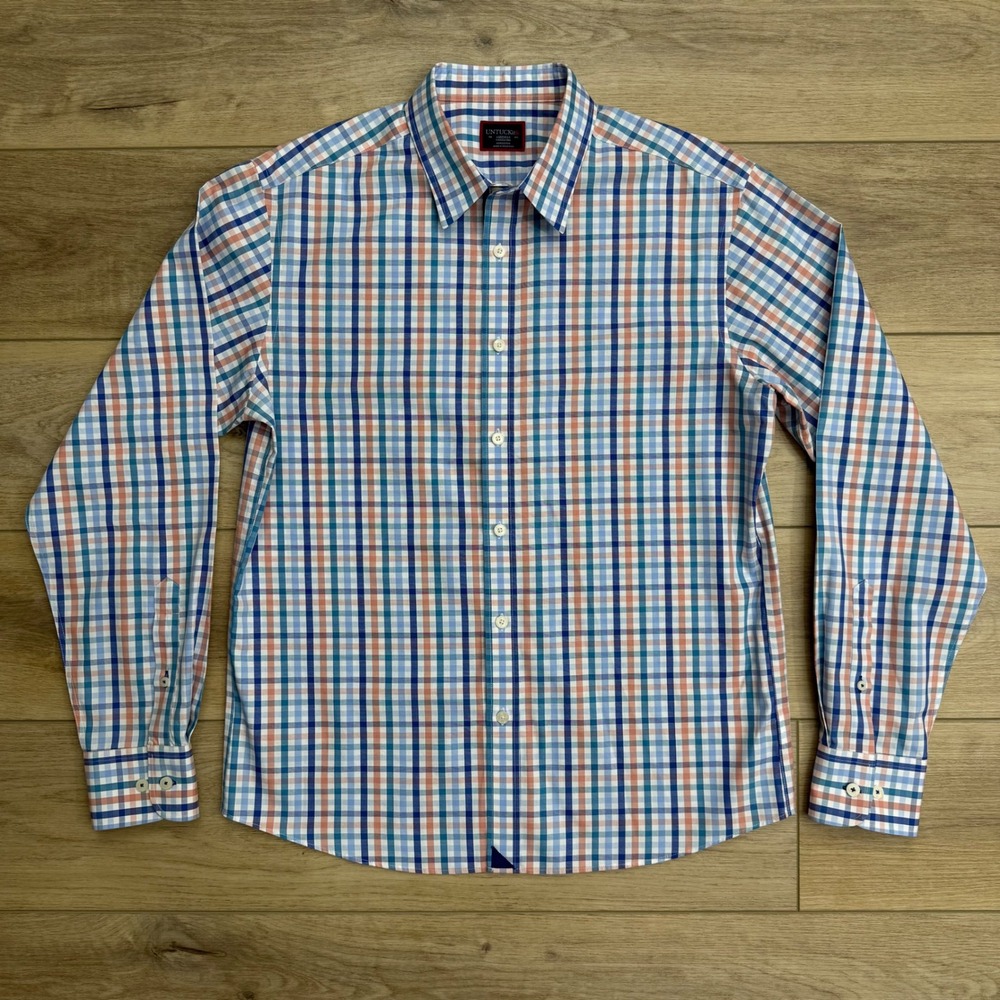 UNTUCKIT Barone WF‎ Plaid Shirt Mens Medium Wrinkle Free Cotton Blue Orange